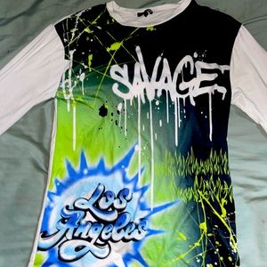 Fashion Nova Large long sleeve white shirt with green, blue and black designs.